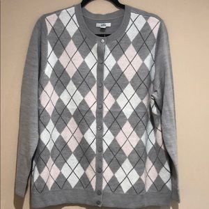 Croft & Barrow Gray/Pink Argyle Button Up Cardigan